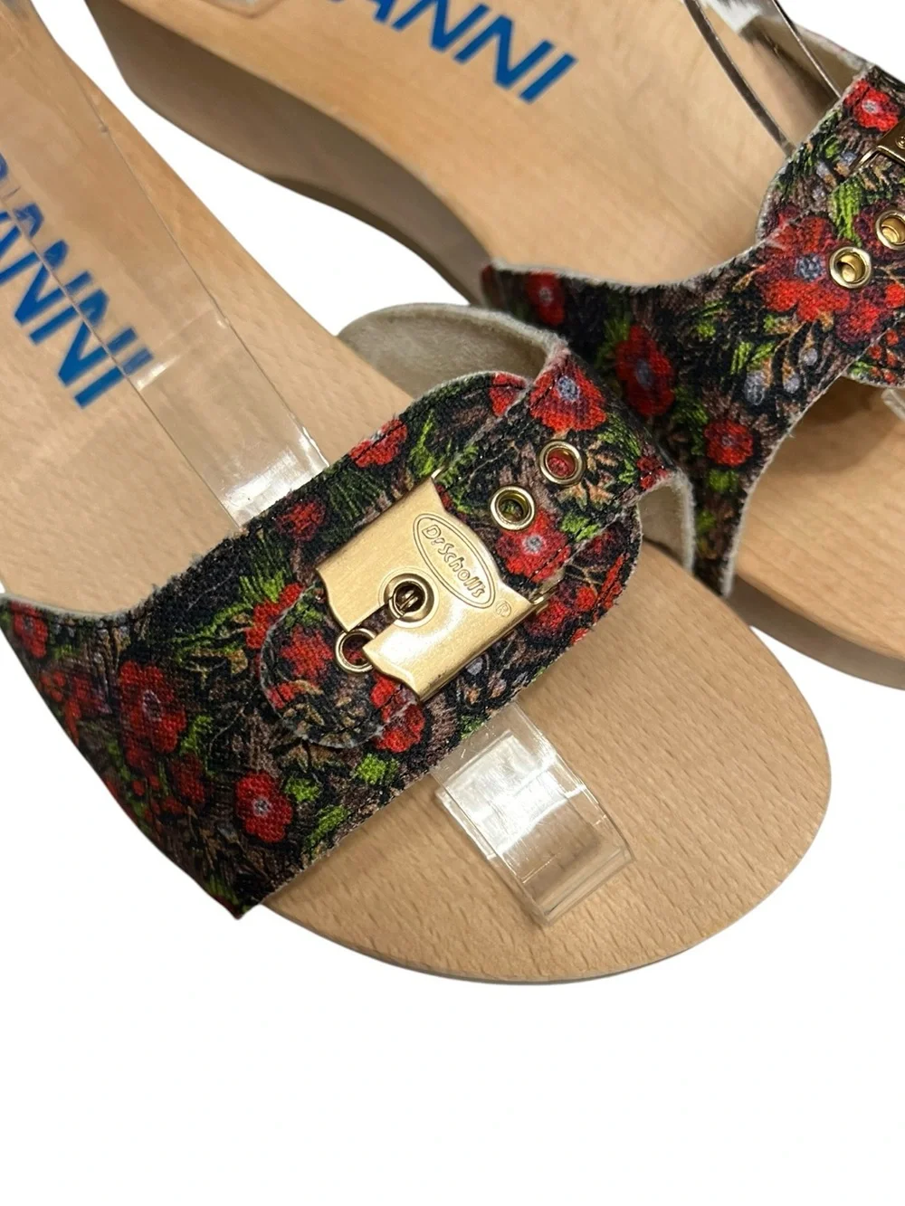 🌻NEW GANNI x Dr. Scholl’s Red Floral Buckle Wooden Clog Slide Sandals Size 10 - Picture 3 of 10